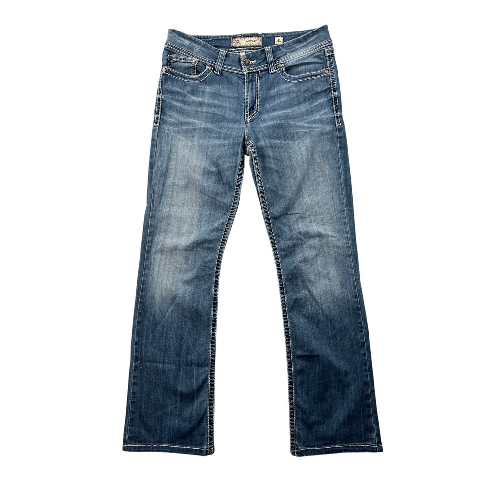 BKE Harper Bootcut Jeans Women 31L Blue Stretch Distressed Whiskered Western Y2K